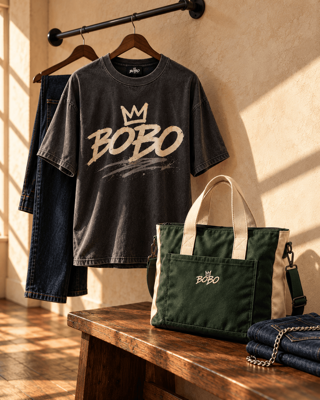 A hanging BOBO crown tee above a forest-green canvas tote, folded jeans and a silver chain on a sunlit wooden bench