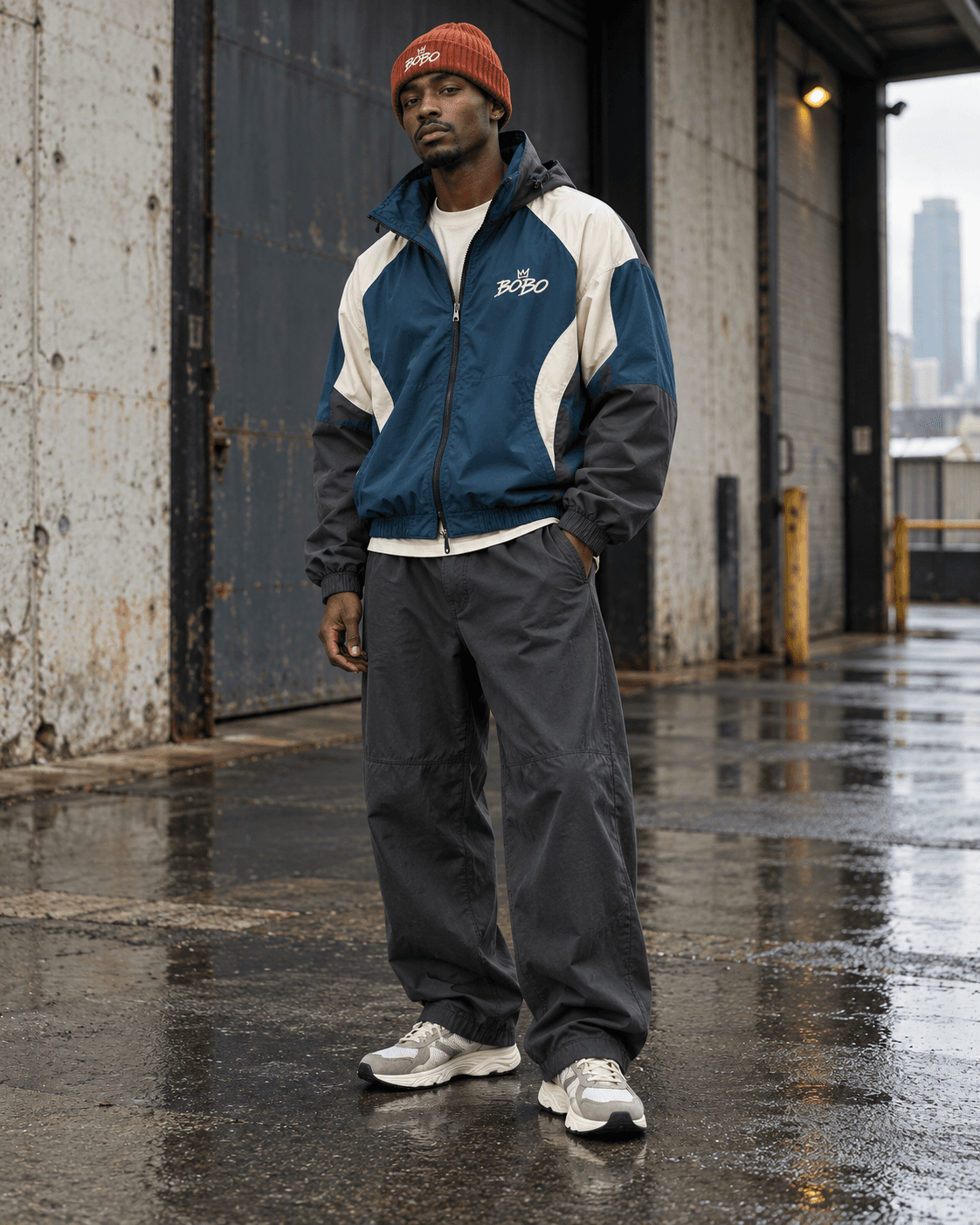 Full-body model wearing a petrol blue, ivory and graphite BOBO panel windbreaker, rust knit beanie, graphite trousers and cream trainers in an industrial courtyard