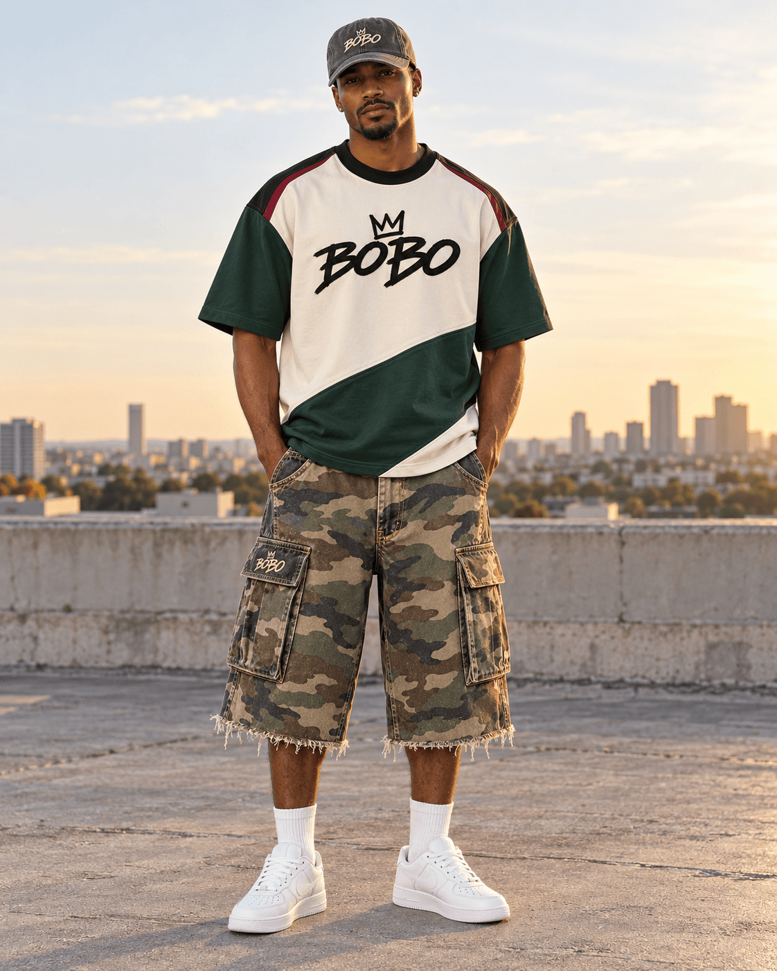 Full-body model wearing a grey BOBO crown cap, bone and forest panel jersey tee, camouflage cargo jorts and white sneakers on a rooftop