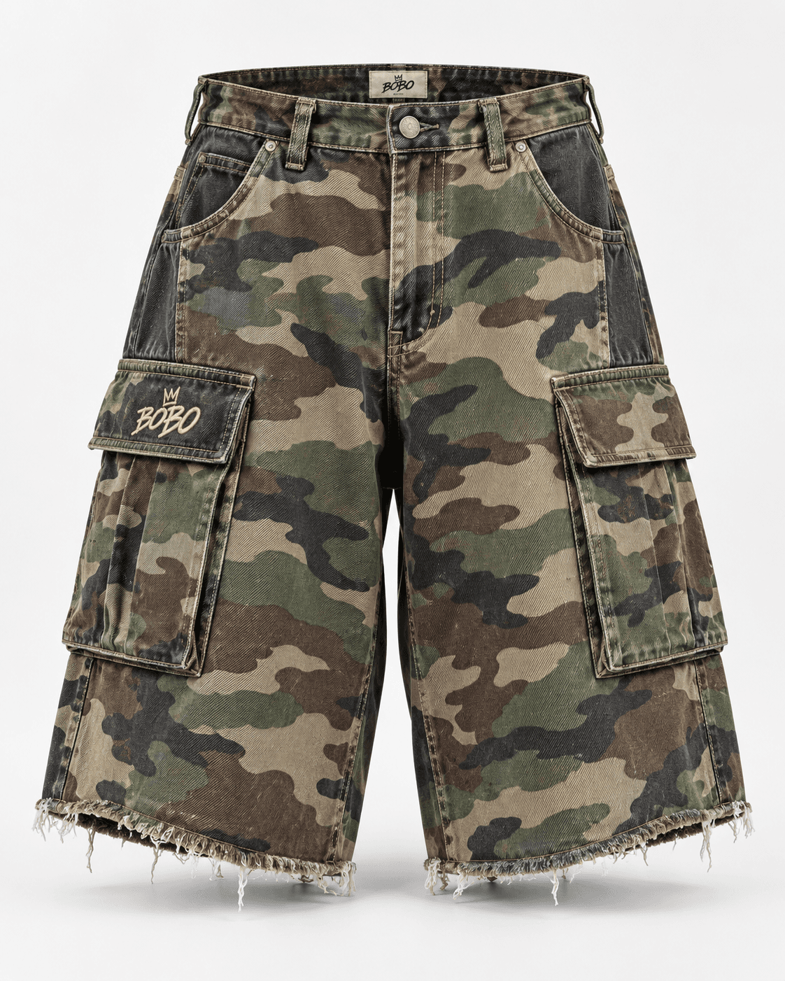 BOBO Panel Cargo Jorts in Olive / Sand / Charcoal, front view