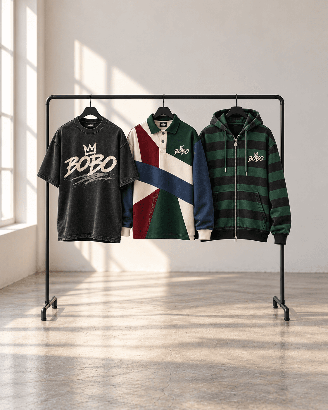 BOBO black graphic tee, patchwork rugby polo and forest striped zip hoodie hanging together on a black clothing rail