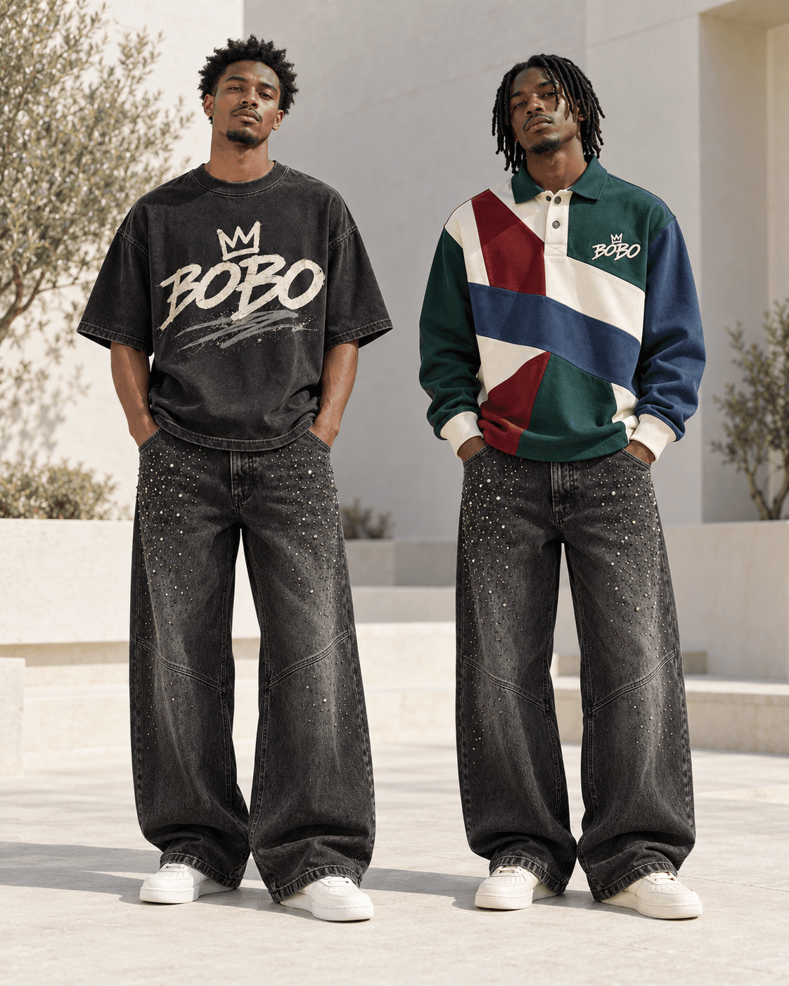 Two full-body models styling the same BOBO crystal charcoal wide-leg denim with a black graphic tee and a colourful rugby polo