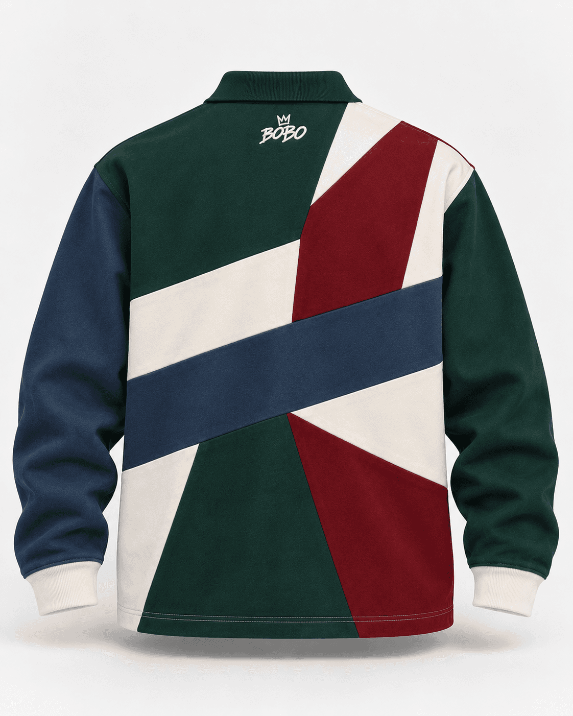 BOBO Patchwork Rugby Polo in Forest / Burgundy / Bone, back view