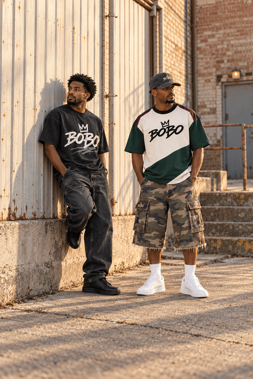 Two men by a corrugated metal wall in late sun: one in the washed black Crown Graphic Tee and black jeans, one in the Panel Jersey Tee, Crown Six Panel Cap and camo Panel Cargo Jorts