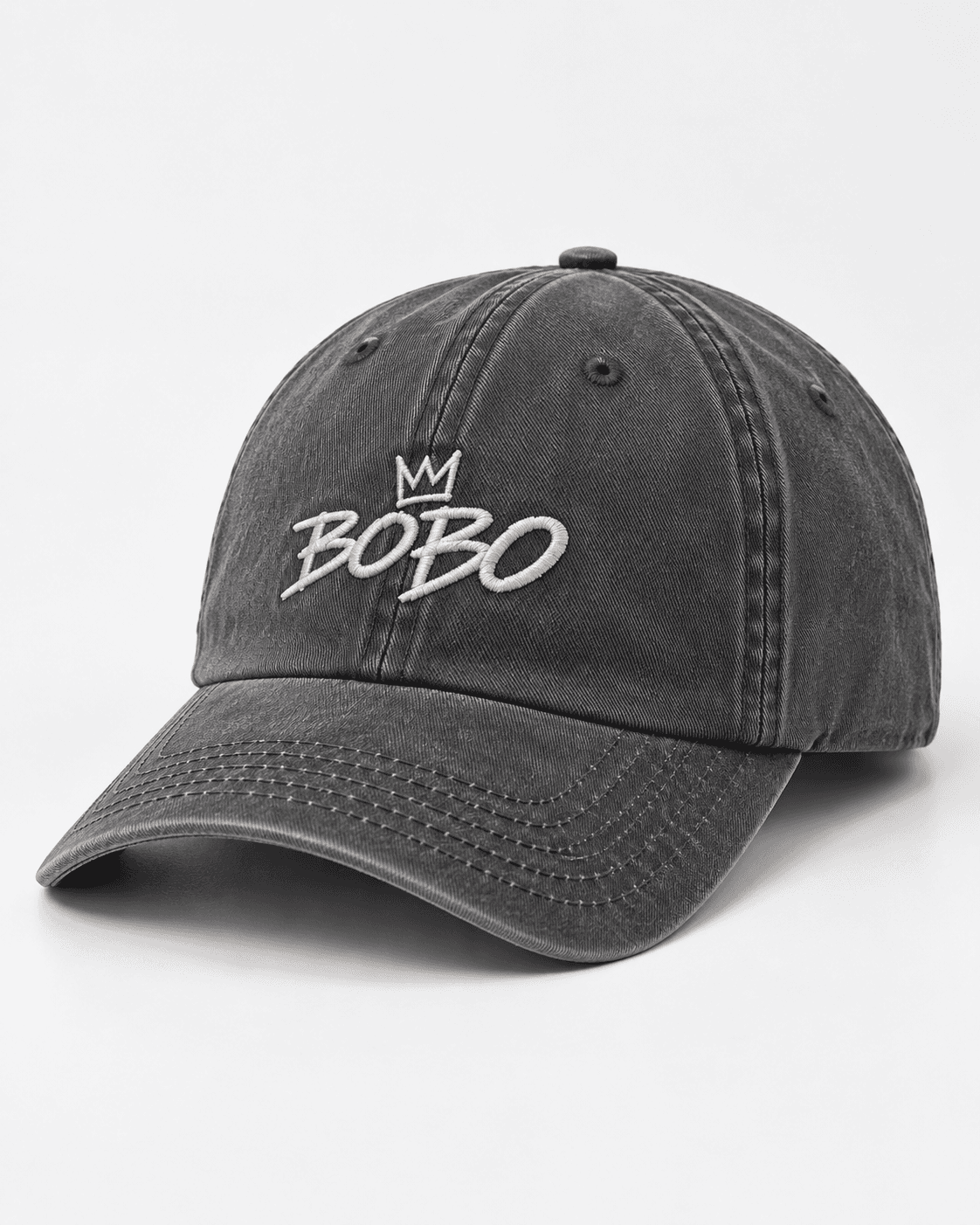 BOBO Crown Six Panel Cap in Washed Grey, front view