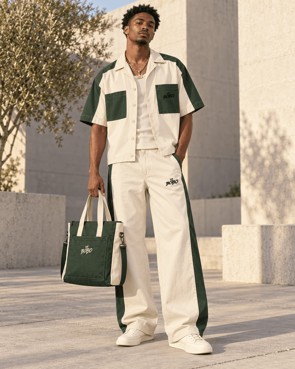 Full-body model wearing the bone and forest BOBO Panel Overshirt Set, Crown Pendant Chain, forest and bone tote, and bone sneakers