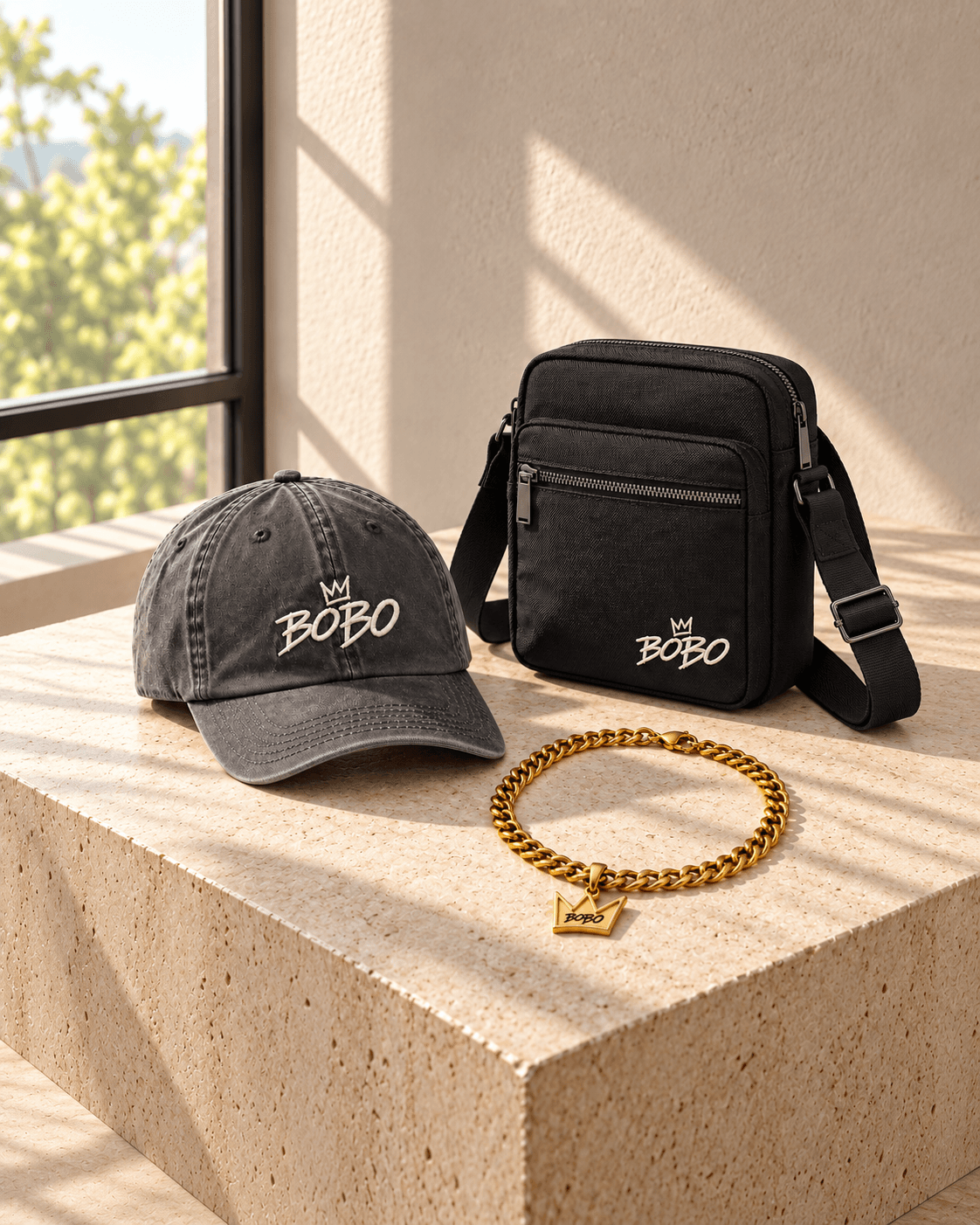 BOBO washed grey crown cap, gold crown pendant chain and black crossbody bag arranged together on a pale stone plinth
