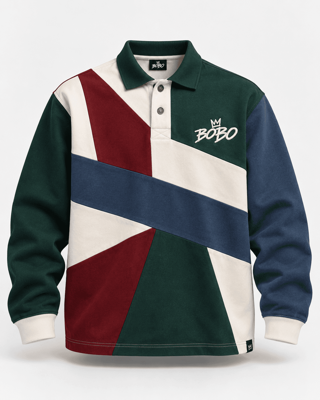 BOBO Patchwork Rugby Polo in Forest / Burgundy / Bone, front view