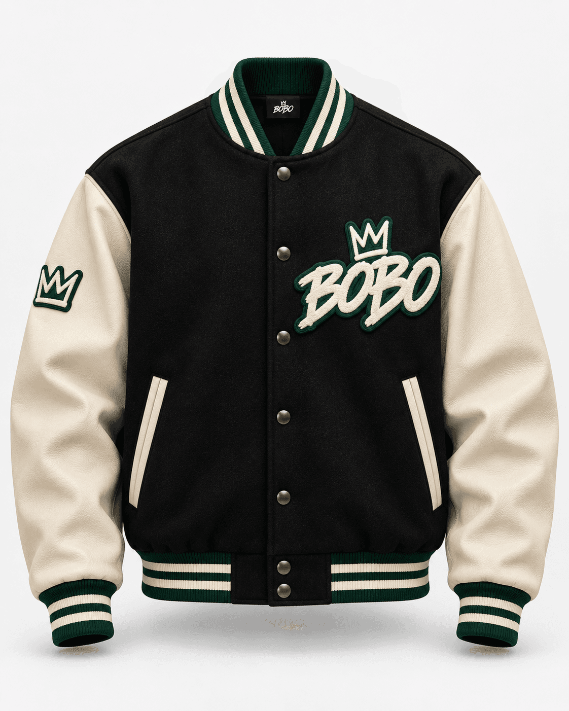 BOBO Crown Varsity Jacket in Black / Bone / Forest, front view