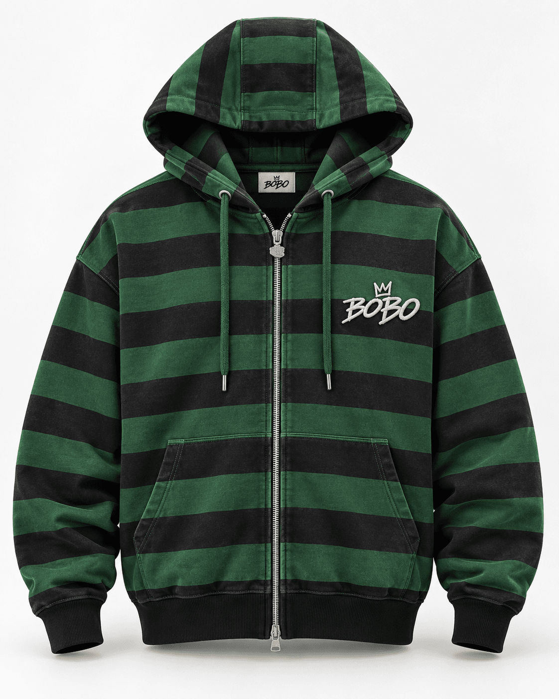 BOBO Shadow Stripe Zip Hoodie in Forest / Charcoal, front view