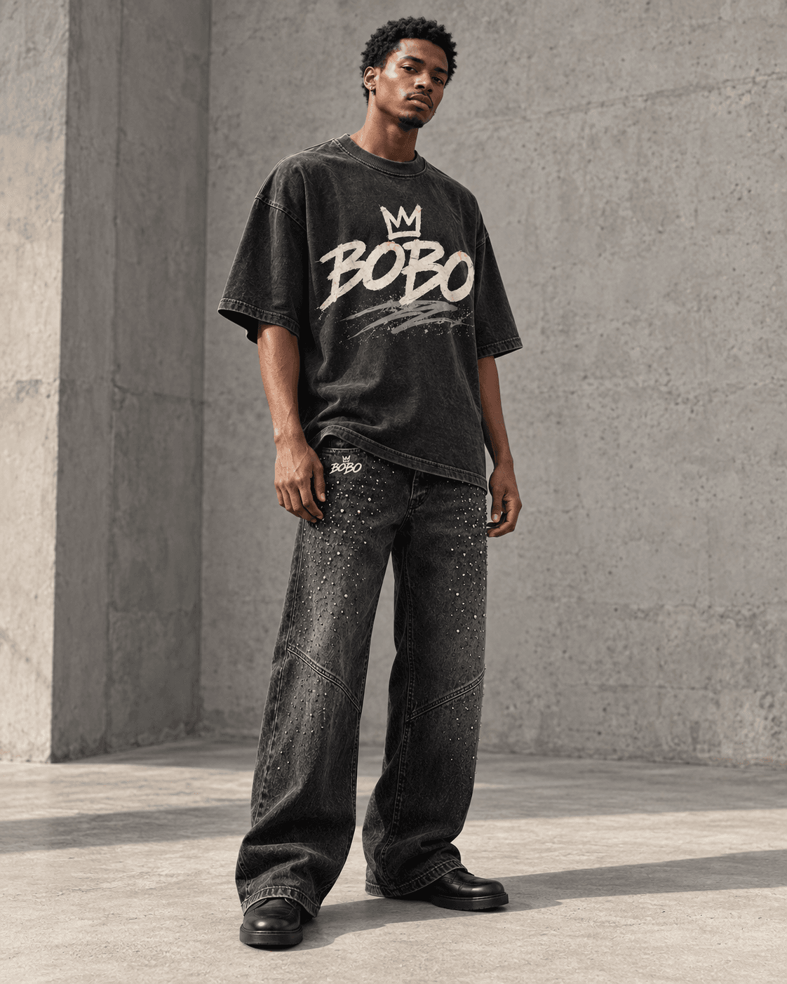 Model wearing the BOBO Crystal Wide-Leg Denim, front view